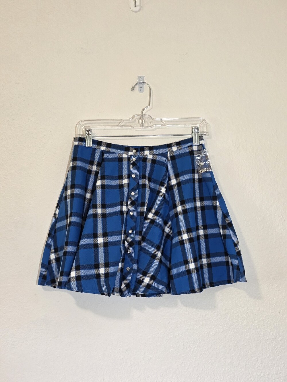 Dixxon Lapis Blue Plaid Snap Front Pleated Skater Mini Skirt Womens Size Small